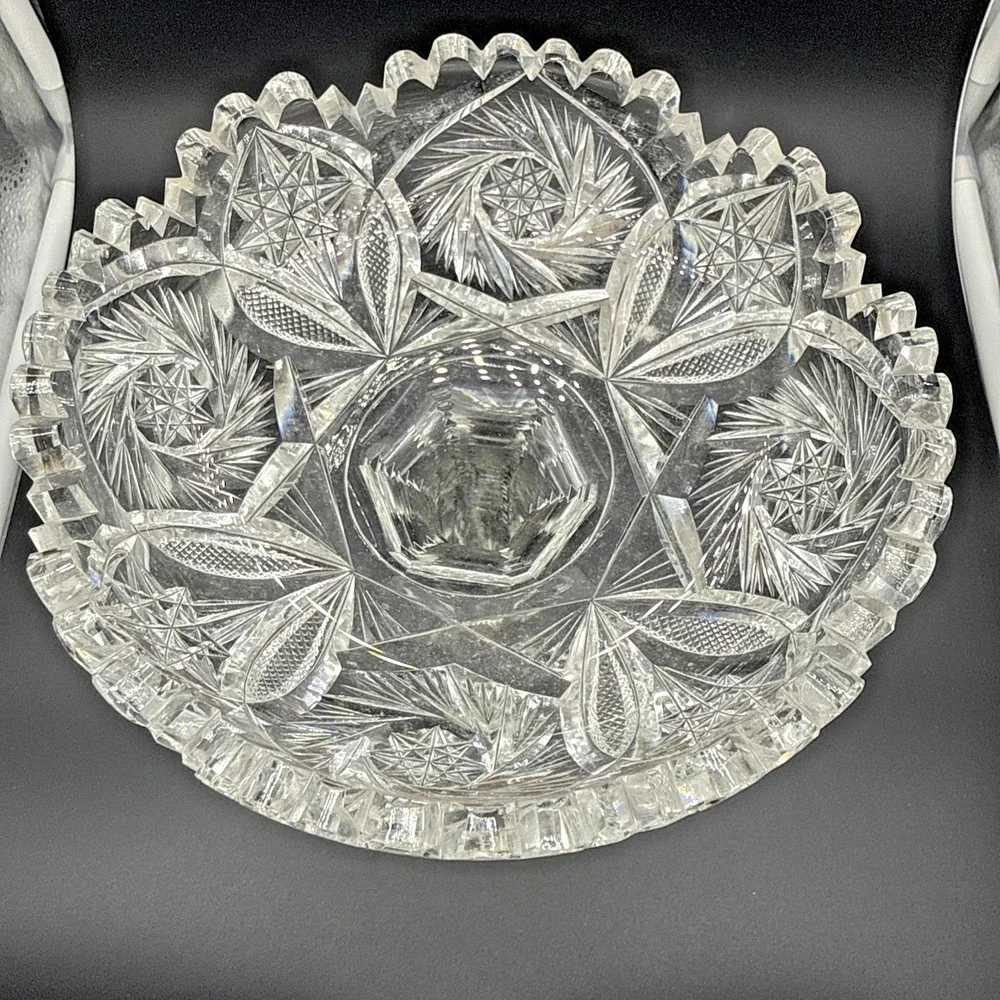 Antique American Brilliant Period Cut Glass Compote Tall Pinwheel Star 10
